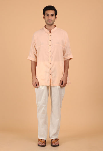 Peach Cotton Mulmul Button Down Short Kurta & White Pant